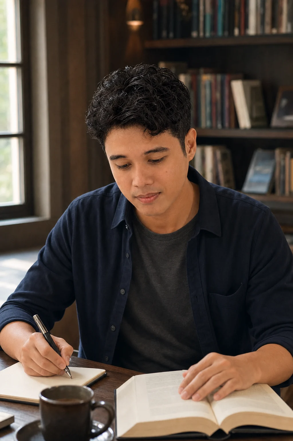 Arvin taking notes while researching