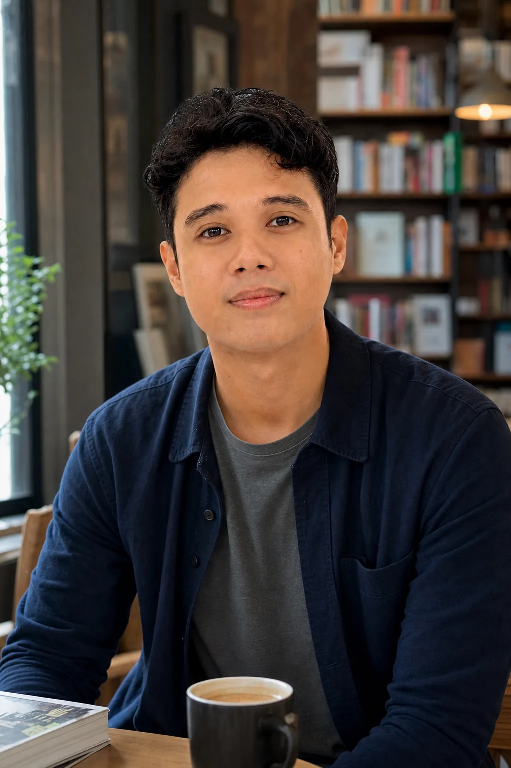 Portrait of Arvin seated in a library cafe
