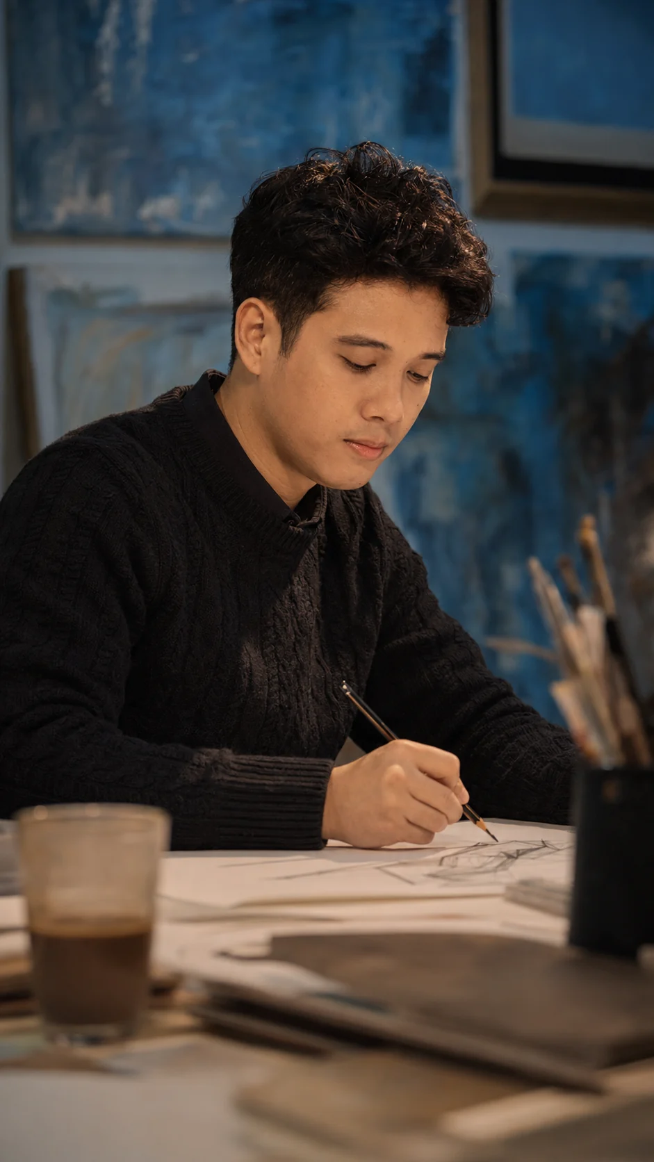 Arvin sketching visual directions at a desk