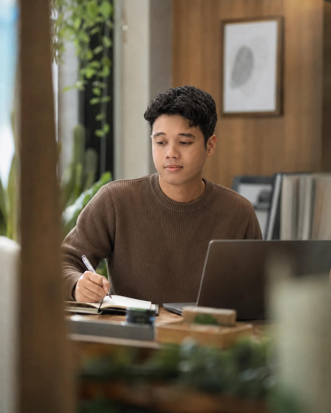 Arvin planning content beside his laptop